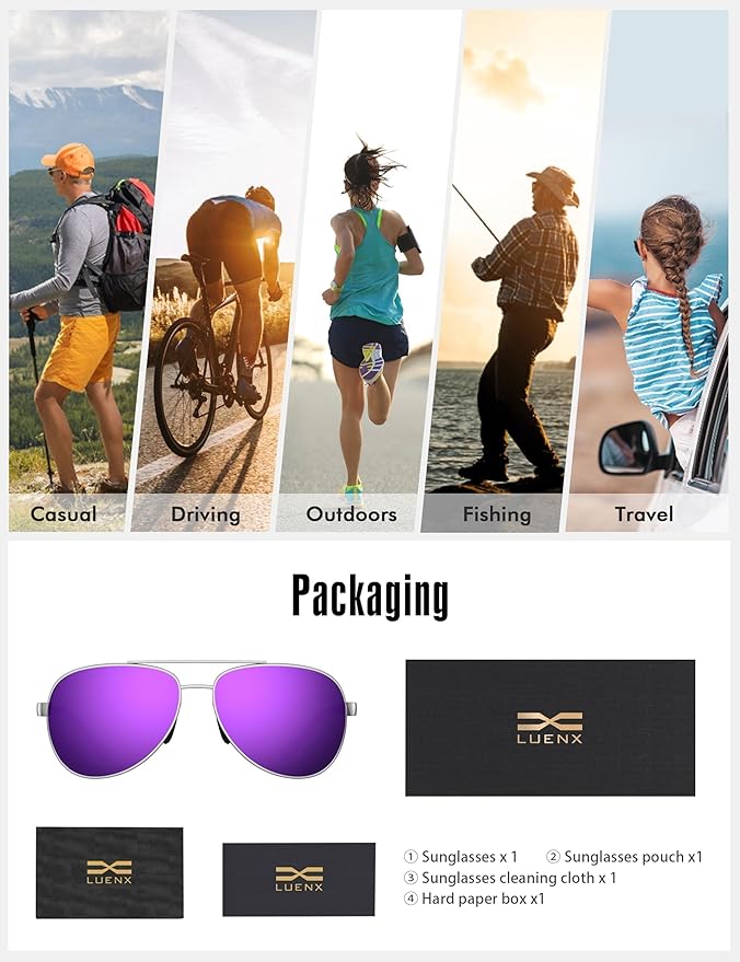 LUENX Aviator Sunglasses for Men Women Polarized - UV400 Protection, Stylish Shades, Driving, Outdoor Activities