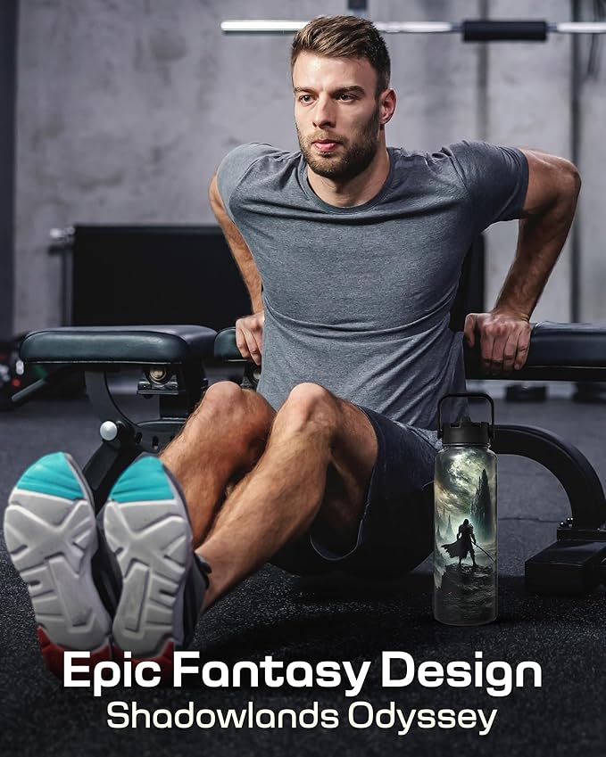 Insulated Water Bottle 40 oz –Hot and Cold Coffee Travel Drinks, Leakproof Sports Gaming & Gym Bottles, Large and Small Reusable Stainless Steel Flask with Straw – Shadowlands Odyssey