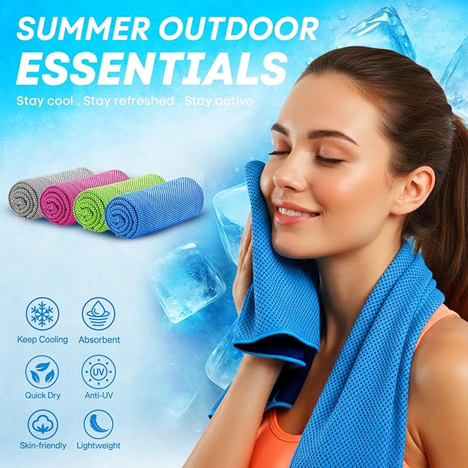 4 Pack Cooling Towels (40"x 12"), Soft Breathable Gym Towels, Outdoors Ice Towel for Neck and Face, Camp Essentials Microfiber Sweat Towels for Gym, Run, Yoga, Workout, Travel, Climb