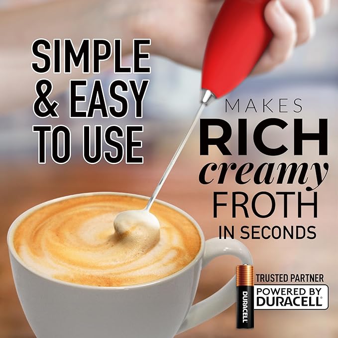 Zulay Kitchen Milk Frother Wand Drink Mixer with AA Duracell Batteries- Durable Handheld Milk Frother Electric Whisk - Easy-Clean Milk Frother Wand & Mini Blender - Electric Coffee Frother - Red