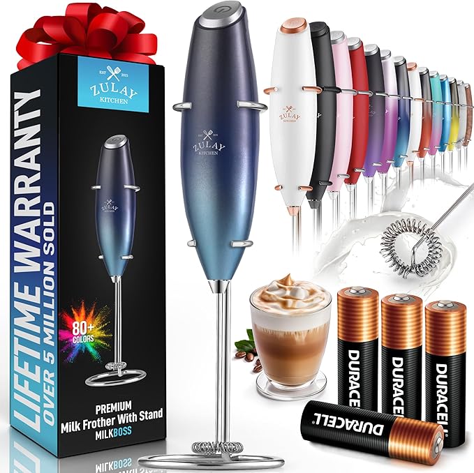 Zulay Powerful Milk Frother (4 Duracell Batteries Included) - Handheld Milk Frother Wand Drink Mixer for Coffee - Powerful Milk Foamer for Cappuccino, Frappe, Matcha & Creamer - Deep Sea
