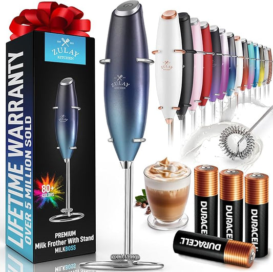 Zulay Powerful Milk Frother (4 Duracell Batteries Included) - Handheld Milk Frother Wand Drink Mixer for Coffee - Powerful Milk Foamer for Cappuccino, Frappe, Matcha & Creamer - Deep Sea