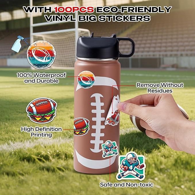 Football Water Bottles for Boys 18 oz and 100 PCS Football Stickers Sports Insulated Stainless Steel Water Bottle Footballs Accessories Stuff Gear Gifts For 8-12 12-14 Player