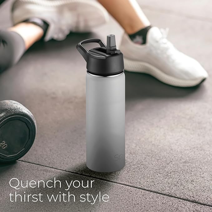 SipX™ 18 oz Insulated Water Bottle with 3 Lids – Leakproof Stainless Steel, Triple Insulated – Cold 24 Hours/Hot 12 Hours – Durable Bottle for School, Gym, Travel – Grey