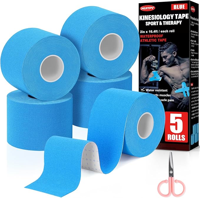 5 Rolls Kinesiology Tape, 2 inch x 16.4 Feet Waterproof Athletic Tape, Uncut Kinetic Tape, Muscle Tape, Sports Tape, Knee Tape for Exercise and Daily Use - Blue