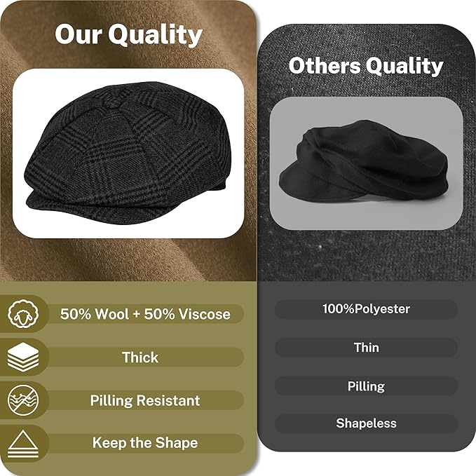 KUJUHA Wool Newsboy Cap for Men Flat Irish Cabbie Ivy Gatsby Newsboy Driving Hat Hunting Cap