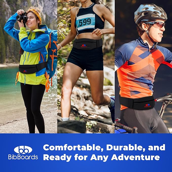 BibBoards Running Belt for Men & Women - Water & Sweat-Repellent No Bounce Runners Fanny Pack for Phone, Keys, Cards & Money, Adjustable Running Band for Marathon, Jogging, Cycling — Black, 44"