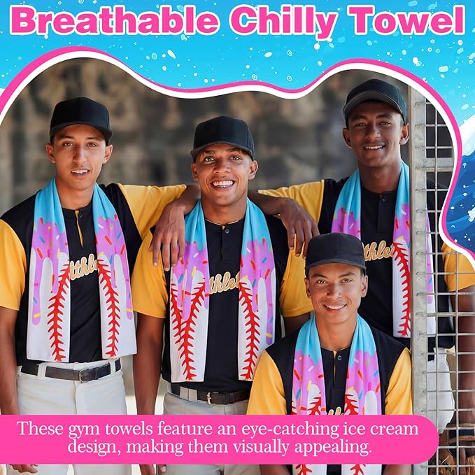 12pcs Baseball Ice Cream Drip Cooling Towels 40"x12" Microfiber Cooling Towels Sweat Absorbent Chilly Washcloth Baseball Team Gift Party Favor for Hot Weather Yoga Gym