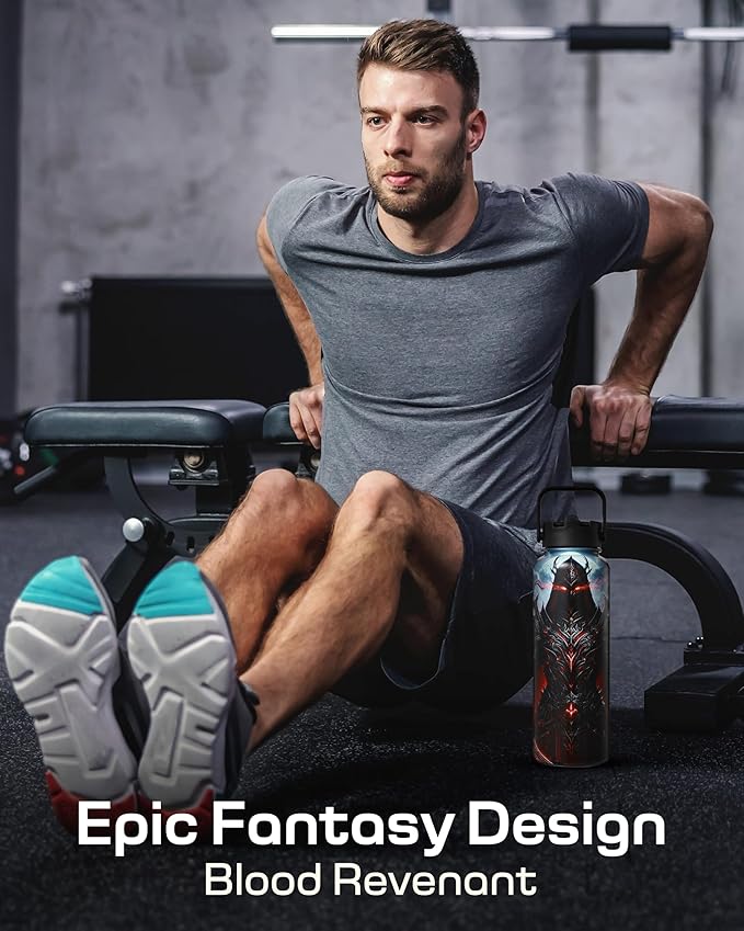 Insulated Water Bottle 40 oz –Hot and Cold Coffee Travel Drinks, Leakproof Sports Gaming & Gym Bottles, Large and Small Reusable Stainless Steel Flask with Straw – Blood Revenant