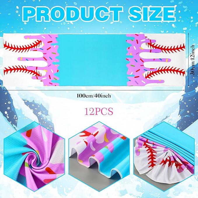 12pcs Baseball Ice Cream Drip Cooling Towels 40"x12" Microfiber Cooling Towels Sweat Absorbent Chilly Washcloth Baseball Team Gift Party Favor for Hot Weather Yoga Gym