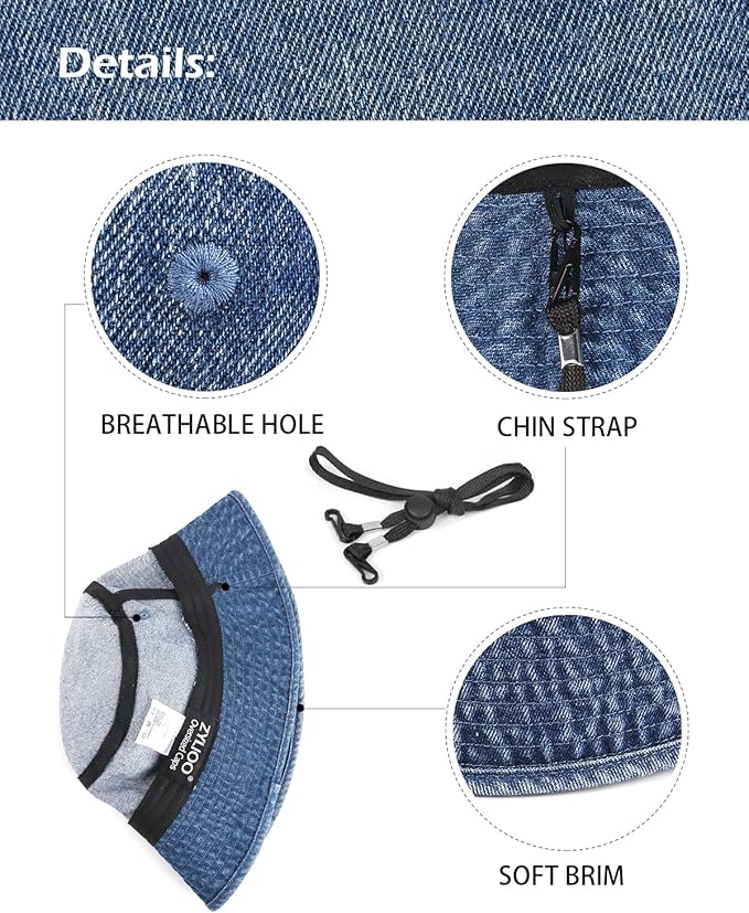 Zylioo XXL XL L M Denim Bucket Sun Hat,Oversized Jean Fisherman Hats,Adjustable Packable Summer Travel Hats