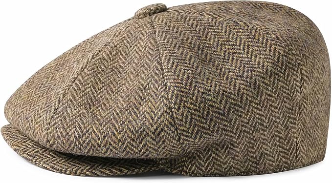 Men Wool Blend 8 Panel Newsboy Cap Tweed Cabbie Hat Snap Brim