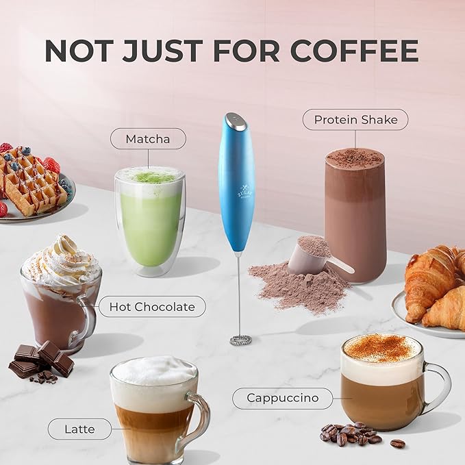 Zulay Kitchen Milk Frother Wand - Handheld Electric Coffee Frother (2 Duracell Batteries Included) - Easy-Clean Wand & Drink Mixer - Metallic Blue