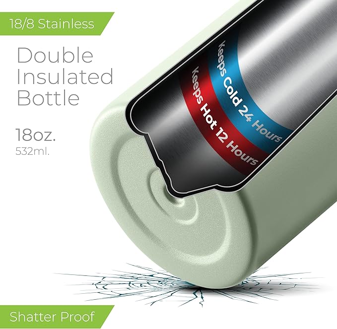 SipX™ 18 oz Insulated Water Bottle with 3 Lids – Leakproof Stainless Steel, Triple Insulated – Cold 24 Hours/Hot 12 Hours – Durable Bottle for School, Gym, Travel – Green