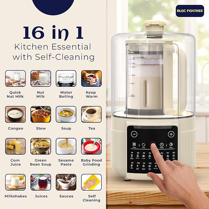 16-in-1 Blender & Nut Milk Maker, 50oz – Soy/Oat Milk, Plant-Based Milk, Milkshake, Soup Maker. 8 High-Speed Blades, Ultra-Quiet Noise Canceling, Auto Timer, Heat Insulation.