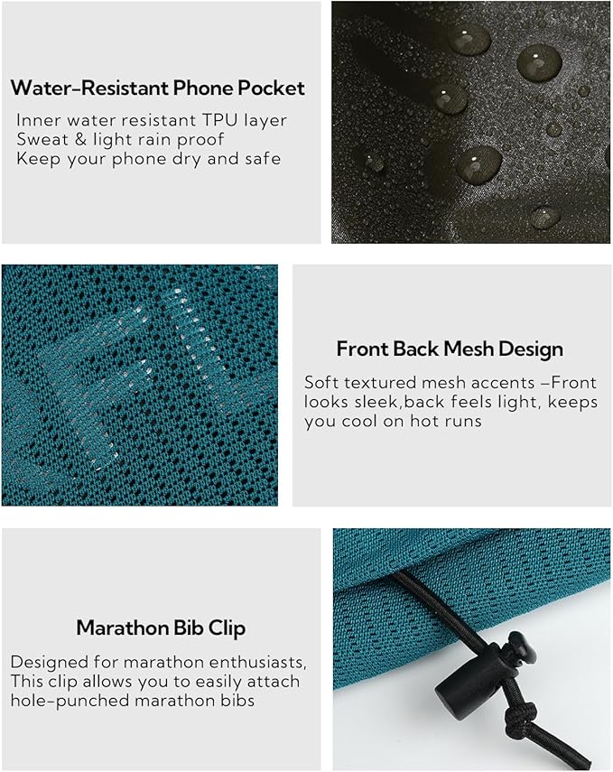 WATERFLY Running Belt Fanny Pack: Breathable 3 Pocket Waist Bag for Men Women Workout Exercise Fitness Phone Holder Fits All Phones - Runner Marathon Jogging Race Belt with Bib Clip Green