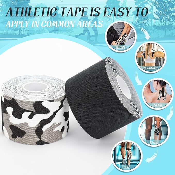 2 Rolls Kinesiology Tape, Waterproof Kinetic Tape 1.97 in x 16.4 ft, Uncut Cotton Elastic Athletic Strips for Knee, Shoulder, Ankle, Muscle Support (Black and Black Camouflage)