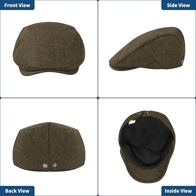 Men's Newsboy Cap Wool Blend Classic Herringbone Tweed Flat Caps Gatsby Cabbie Hats Ivy Irish Hat