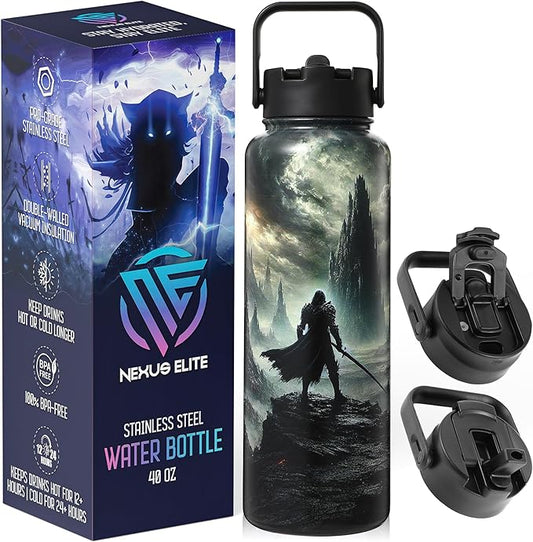 Insulated Water Bottle 40 oz –Hot and Cold Coffee Travel Drinks, Leakproof Sports Gaming & Gym Bottles, Large and Small Reusable Stainless Steel Flask with Straw – Shadowlands Odyssey