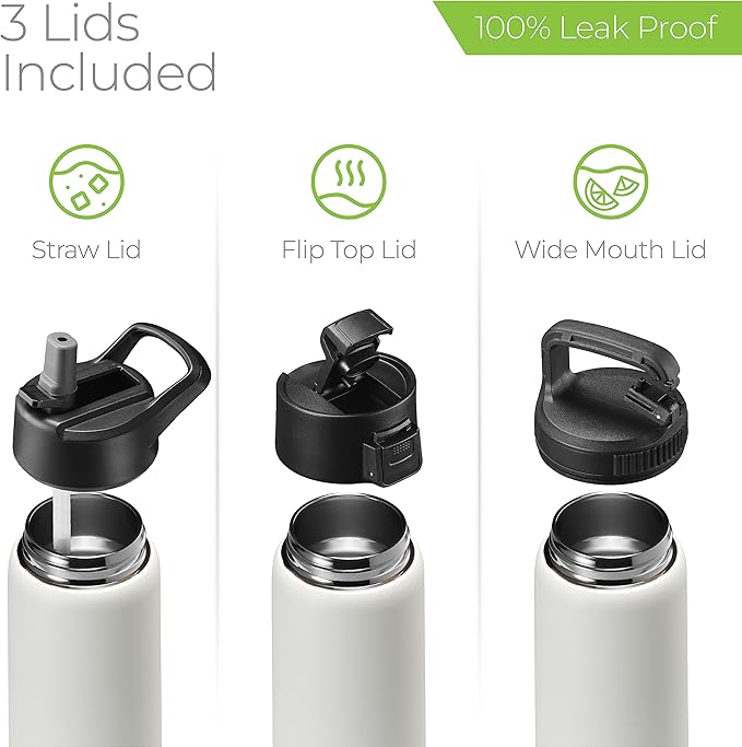 SIPX™ 25 oz Insulated Water Bottle with 3 Lids – Leakproof Stainless Steel, Triple Insulated – Cold 24 Hours/Hot 12 Hours – Durable Bottle for School, Gym, Travel – White