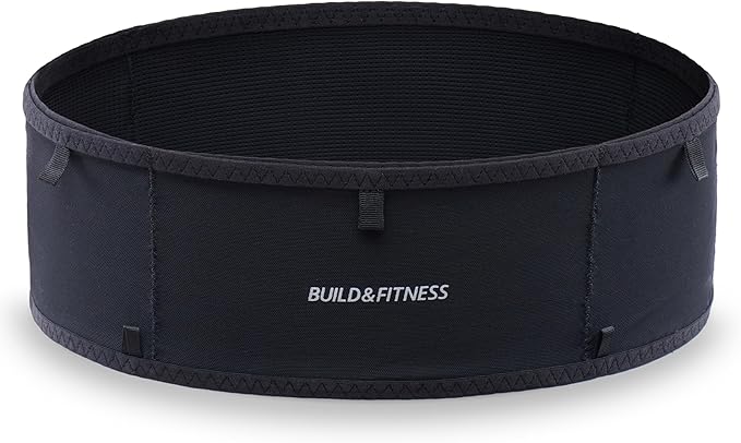 Build & Fitness LiteBelt Running Belt – 4 Quick Top-Access Pockets –Flip Waist Pack, Running Phone Holder – Fits All Size Phones, Keys, Cards, Earpods, GUs – for Men and Women (Black, XS)