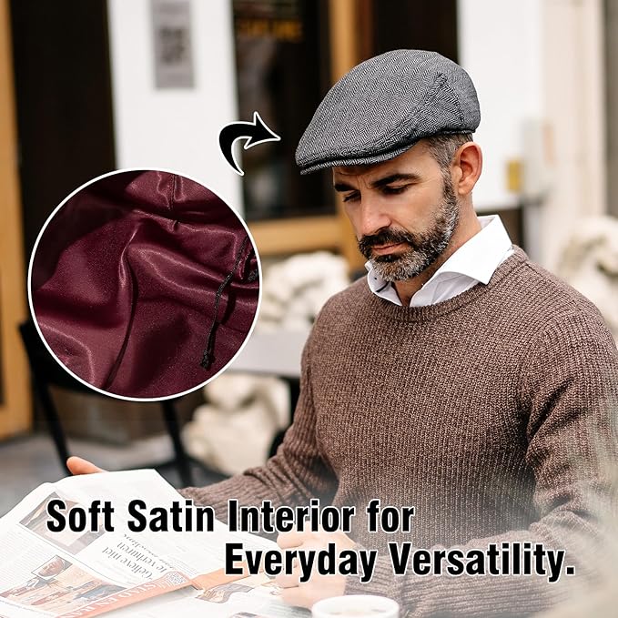 TOP-EX XL/XXL Wool Tweed Newsboy Flat Cap for Men Winter Fashion Ivy Cap Gatsby Golf Hat Satin Lined