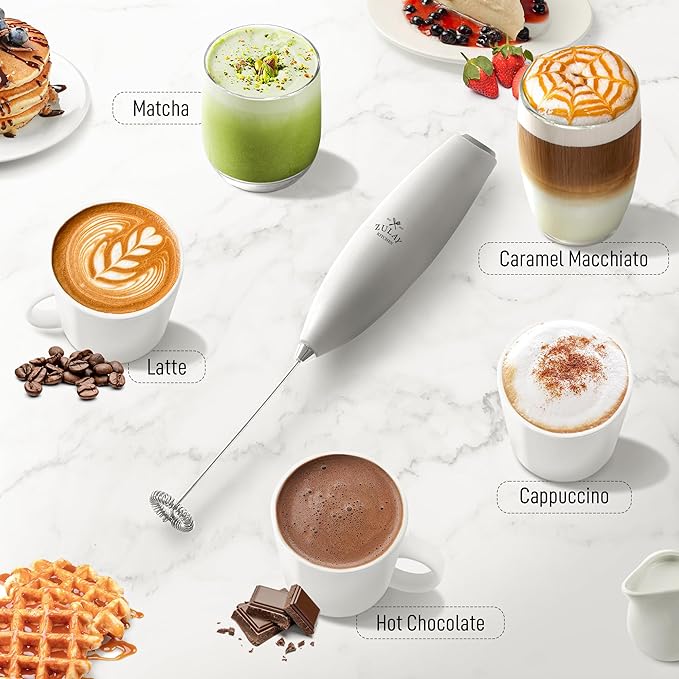 Zulay Powerful Milk Frother for Coffee with Powerful Motor - Handheld Frother Electric Whisk, Milk Foamer, Mini Mixer & Coffee Blender Frother for Frappe, Latte, Matcha, No Stand - White