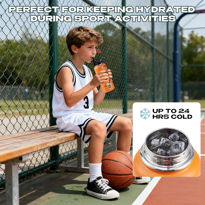 Basketball Water Bottles for Boys 32 oz and 100 PCS Basketball Stickers Sports Insulated Stainless Steel Water Bottle Basketballs Accessories Stuff Gear Gifts For 8-12 12-14 Player