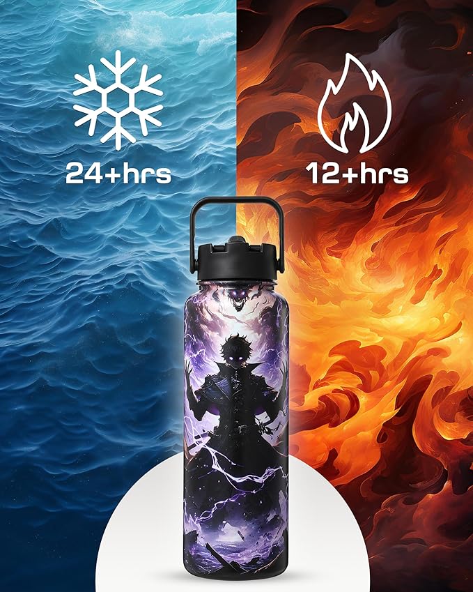 Insulated Water Bottle 40 oz –Hot and Cold Coffee Travel Drinks, Leakproof Sports Gaming & Gym Bottles, Large and Small Reusable Stainless Steel Flask with Straw – Dark Realm Awakening