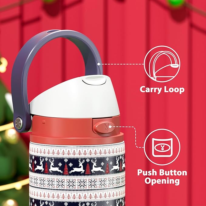 24 oz Christmas Insulated Water Bottle: Meoky Stainless Steel Water Bottle with 2-in-1 Straw Lid - Leak Proof, Cold for 24 Hours, Protective Silicone Base, Christmas Gifts for Women Men, Winter Joy