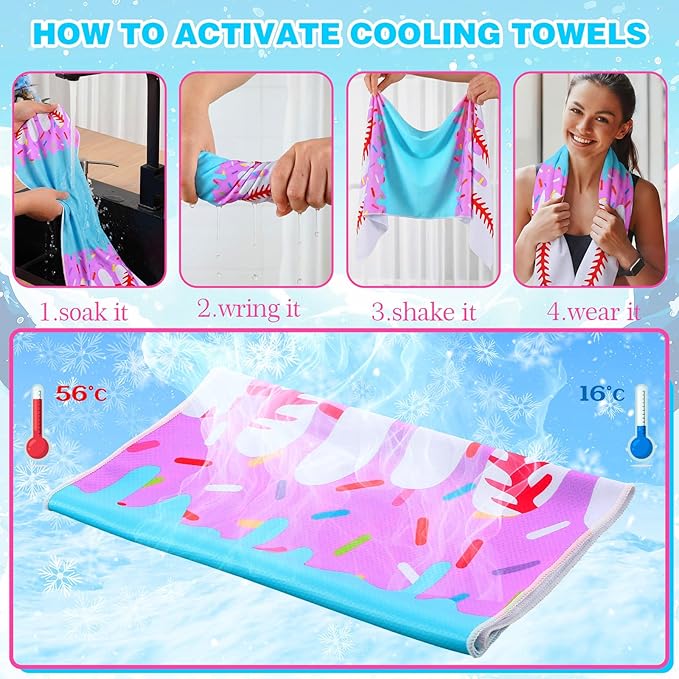 12pcs Baseball Ice Cream Drip Cooling Towels 40"x12" Microfiber Cooling Towels Sweat Absorbent Chilly Washcloth Baseball Team Gift Party Favor for Hot Weather Yoga Gym