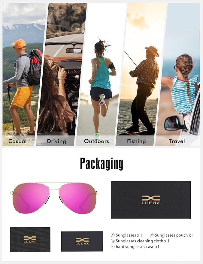 LUENX Aviator Sunglasses for Men Women Polarized - UV400 Protection, Stylish Shades, Driving, Outdoor Activities