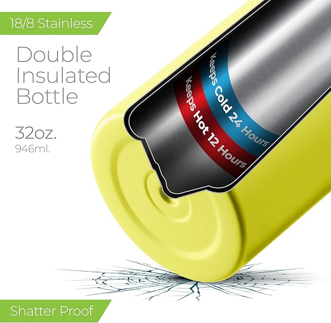 SIPX™ 32 oz Insulated Water Bottle with 3 Lids – Leakproof Stainless Steel, Triple Insulated – Cold 24 Hours/Hot 12 Hours – Durable Bottle for School, Gym, Travel – Yellow