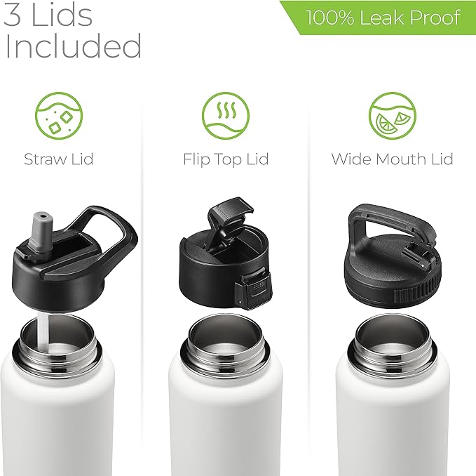 SIPX™ 32 oz Insulated Water Bottle with 3 Lids – Leakproof Stainless Steel, Triple Insulated – Cold 24 Hours/Hot 12 Hours – Durable Bottle for School, Gym, Travel – White