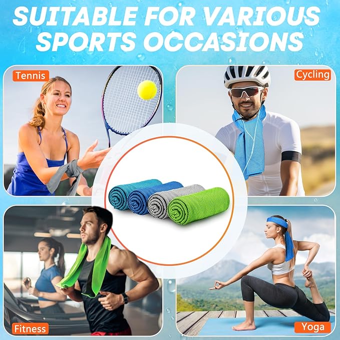 4 Pack Cooling Towels (40"x 12"), Soft Breathable Gym Towels, Outdoors Ice Towel for Neck and Face, Camp Essentials Microfiber Sweat Towels for Gym, Run, Yoga, Workout, Travel, Climb