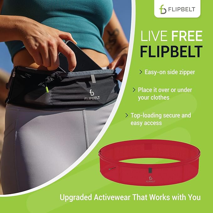 FlipBelt Lightweight Running Air Belt, Fitness and Running Fanny Pack for Women and Men, Non Chafing Waist Band Pack for Phone, Keys, Money, Moisture Wicking Storage Belt, USA Company