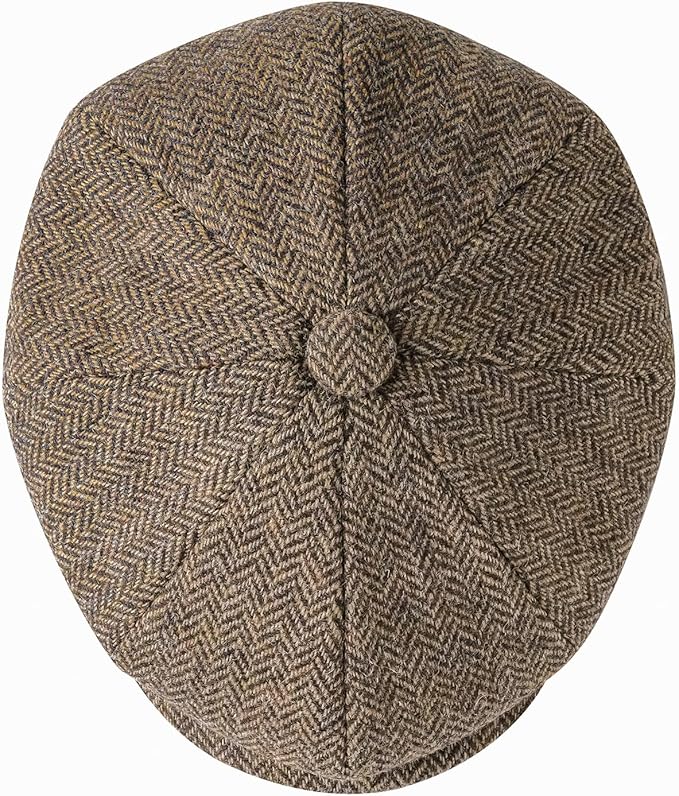 Men Wool Blend 8 Panel Newsboy Cap Tweed Cabbie Hat Snap Brim