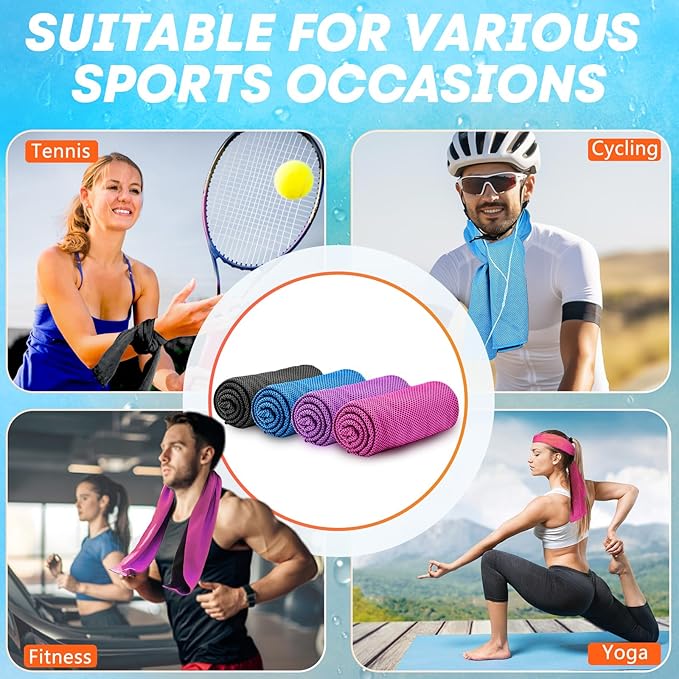 4 Pack Cooling Towels (40"x 12"), Soft Breathable Gym Towels, Outdoors Ice Towel for Neck and Face, Camp Essentials Microfiber Sweat Towels for Gym, Run, Yoga, Workout, Travel, Climb