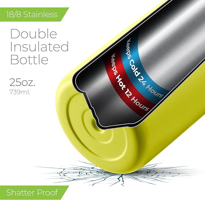SIPX™ 25 oz Insulated Water Bottle with 3 Lids – Leakproof Stainless Steel, Triple Insulated – Cold 24 Hours/Hot 12 Hours – Durable Bottle for School, Gym, Travel – Yellow