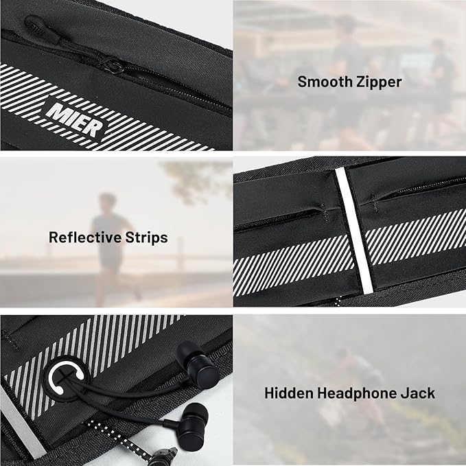 MIER Running Belt for Men Women Slim Fanny Pack Phone Holder Jogging Pouch with Marathon Bib Clip Runner Waist Pack for Walking Cycling for Keys, Cards & Essentials (Black)