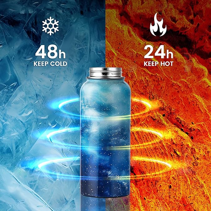32oz Insulated Water Bottle, Triple Wall Vacuum Stainless Steel Water Bottles - Keeps Cold 48H, Reusable 1/4 Gallon water flask Jug for Gym, Sports, Camping, Hiking,Travel, Aurora-Blue