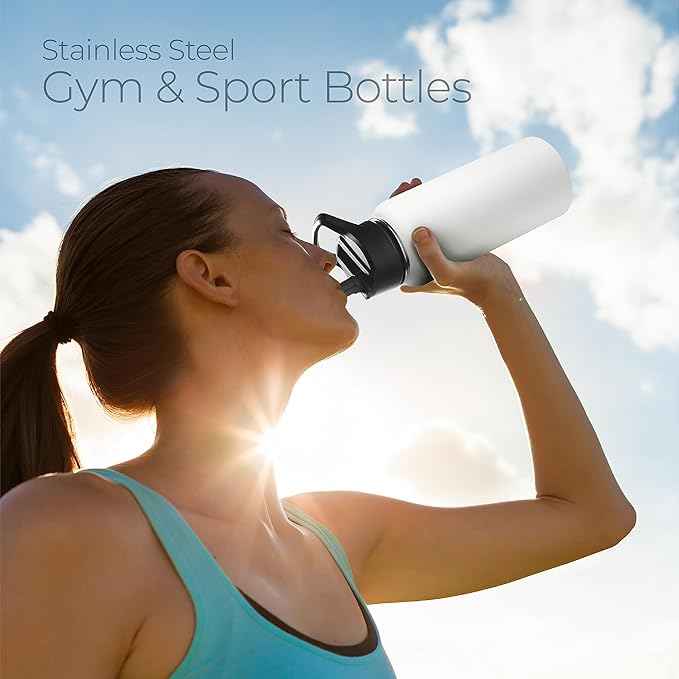 SIPX™ 32 oz Insulated Water Bottle with 3 Lids – Leakproof Stainless Steel, Triple Insulated – Cold 24 Hours/Hot 12 Hours – Durable Bottle for School, Gym, Travel – White