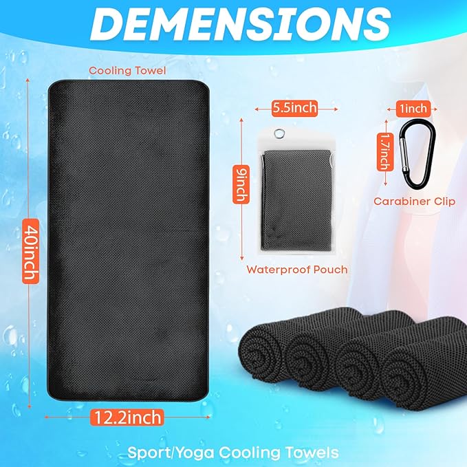4 Pack Cooling Towels (40"x 12"), Soft Breathable Gym Towels, Outdoors Ice Towel for Neck and Face, Camp Essentials Microfiber Sweat Towels for Gym, Run, Yoga, Workout, Travel, Climb
