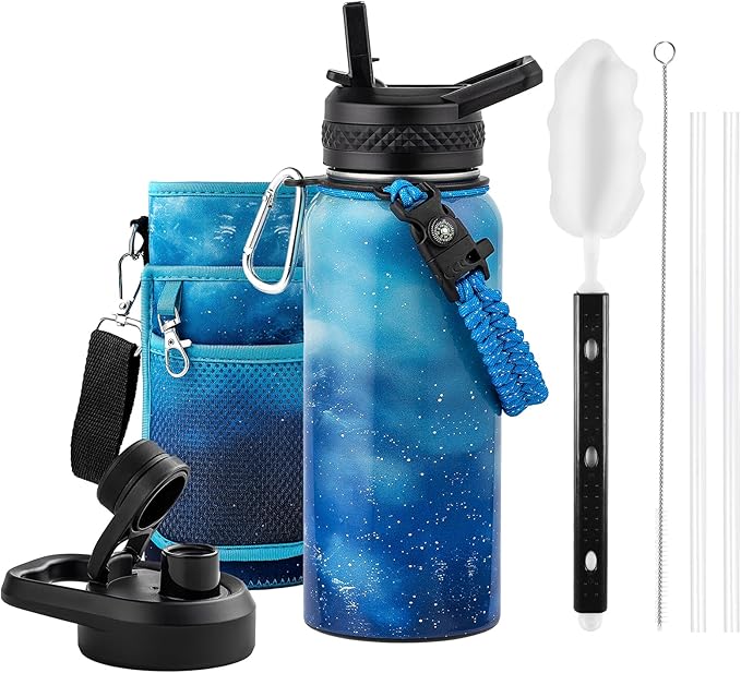 32oz Insulated Water Bottle, Triple Wall Vacuum Stainless Steel Water Bottles - Keeps Cold 48H, Reusable 1/4 Gallon water flask Jug for Gym, Sports, Camping, Hiking,Travel, Aurora-Blue