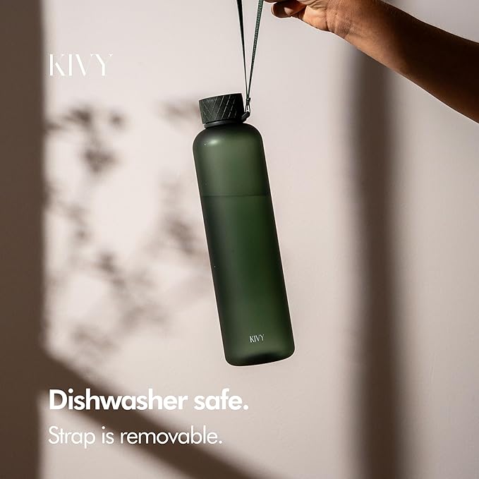 KIVY Slim Water Bottle 32oz [Lightweight & Shatterproof] Fits Backpack & Cupholder for Travel, Sports, School, Gym - Dark green - Gym water bottle screw top - Dishwasher Safe