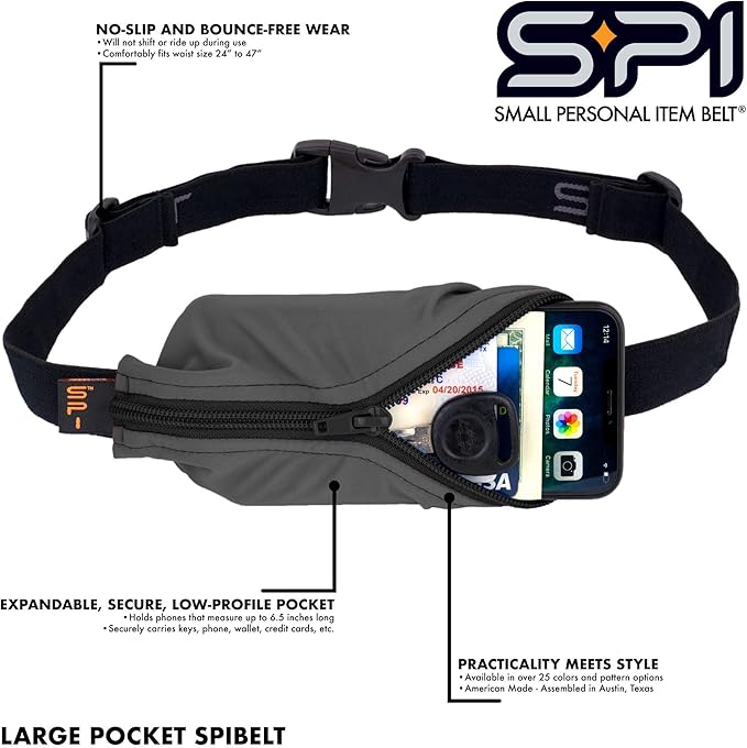 SPIbelt Running Belt for Women Men, Phone Holder for Running, Running Fanny Pack, Holder for Phone, Running Waist Pack, Adjustable Waist, [Fits All Phones]. Black with Anthracite Zipper