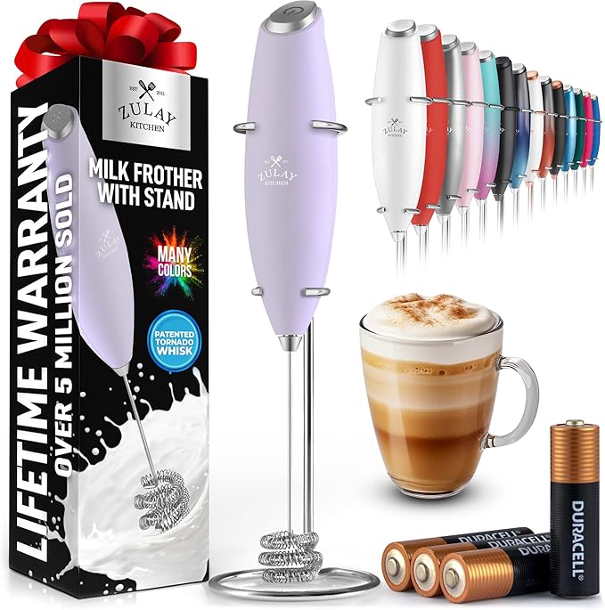 Zulay Kitchen Tornado Whisk Milk Frother with 4 AA Duracell Batteries - Triple Whisk for More Power - Handheld Coffee Frother with Stand - Drink Mixer for Lattes, Matcha & Protein Shakes
