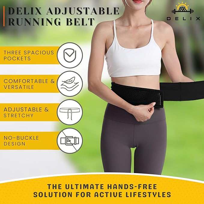 DELIX Adjustable 3 Pocket Lightweight Running Belt with Zipper for Women and Men from 24" to 38" Waist for Cell Phone, Money | Anti-Theft Travel Waist Bag