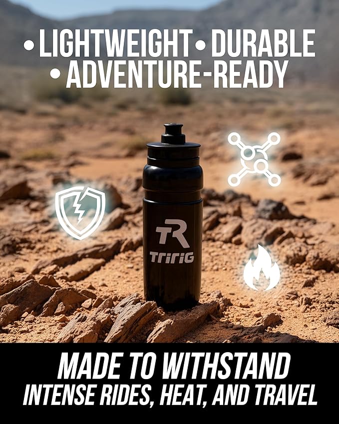 TRIRIG TR Cycling Water Bottles 25 Oz Black Featuring a Watergate Lid for Easy, Leak Proof Access - Fits Standard Bike Cages for Triathlon Bikes, Gym & Outdoor Lightweight Sports Water Bottle 750ml