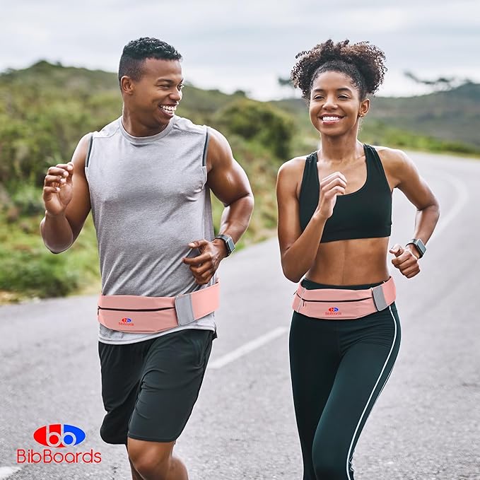 BibBoards Running Belt, Pink | No-Bounce, Water & Sweat-Resistant Fanny Pack for Phone, Keys, Cards | Adjustable Waist 38”-48” | Lightweight for Running, Cycling, Hiking, Marathons and Races